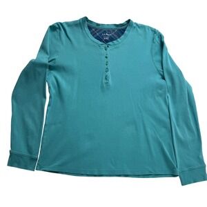 LL Bean Womens Teal Blue 100% Cotton Long Sleeve Henley Top Size Medium Regular